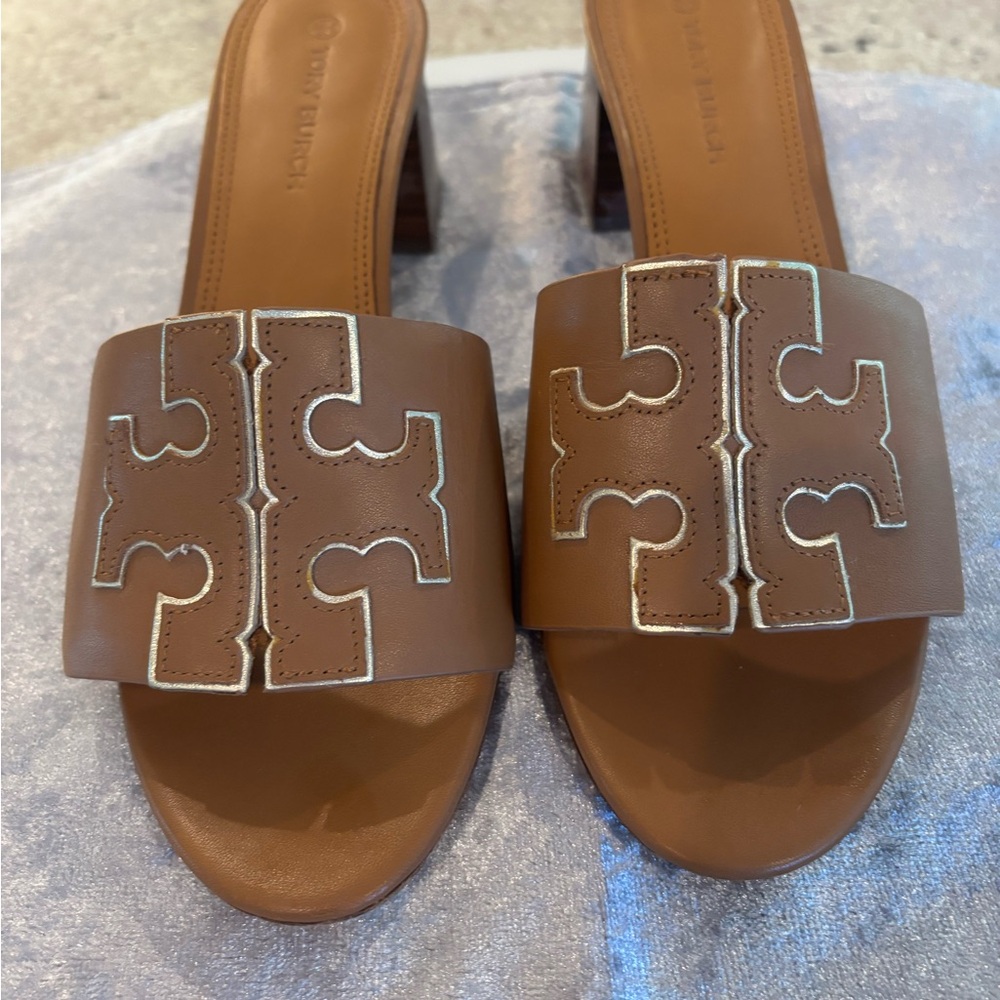 Tory Burch Tan Mules with Logo Detail